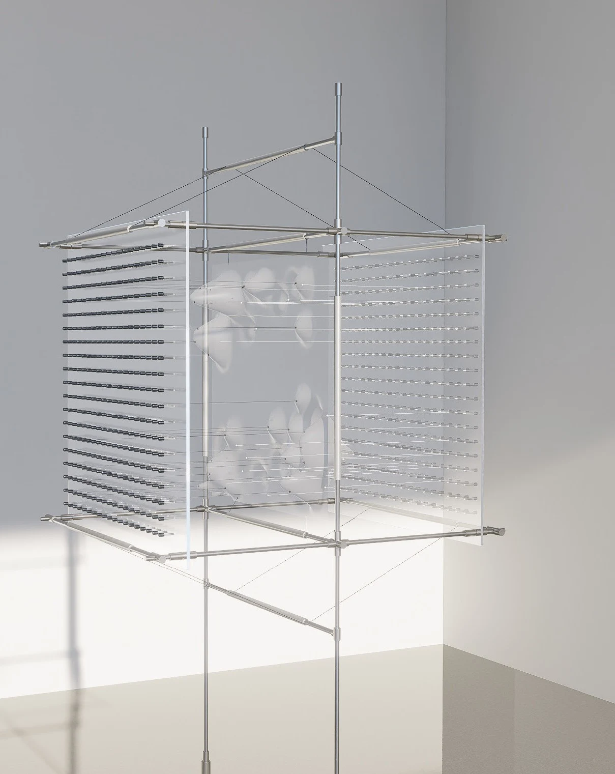 Suspended installation with black and white elements in a metal framework