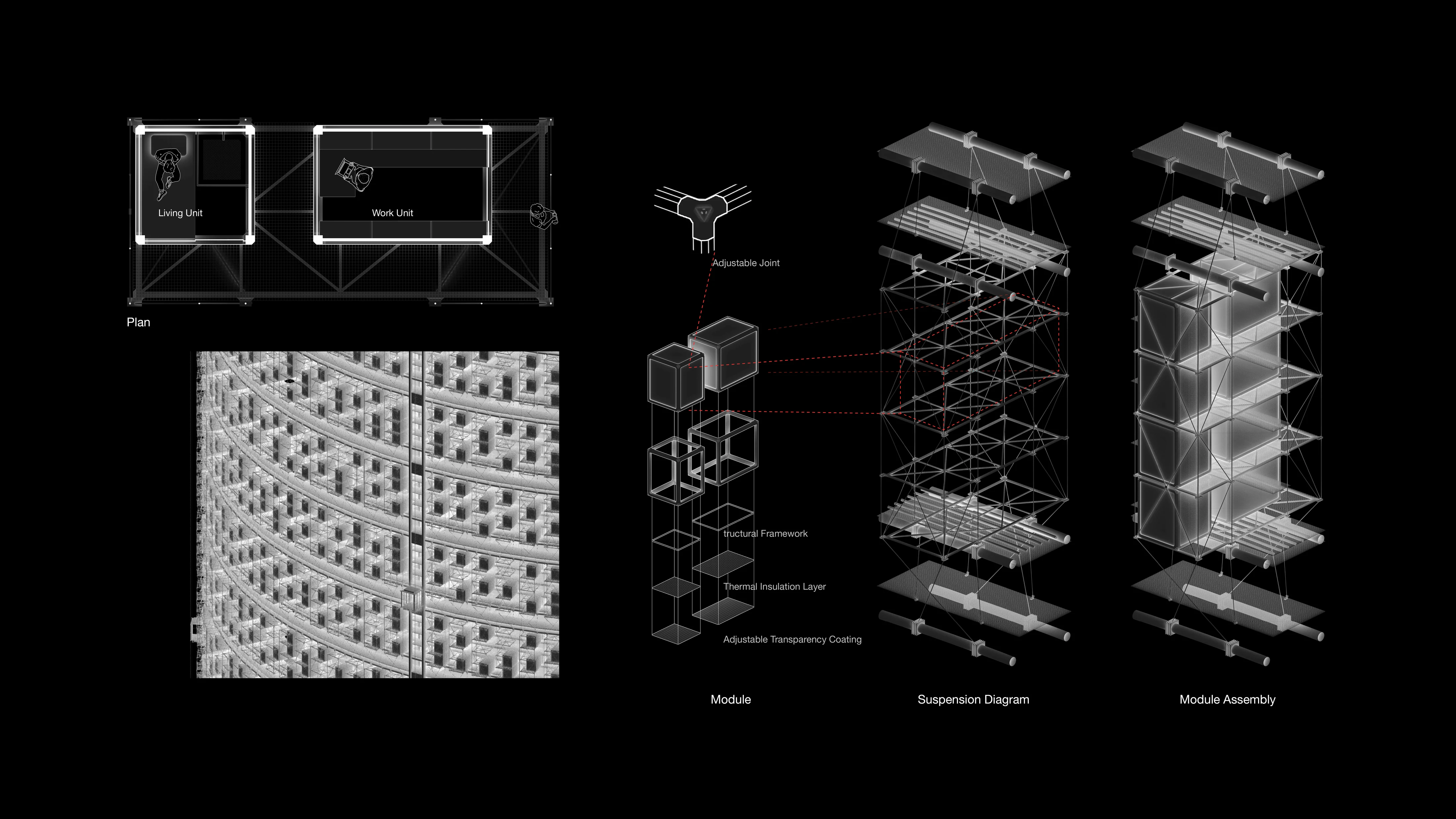 Marginalis dwellings — living and work units, module, suspension diagram and module assembly
